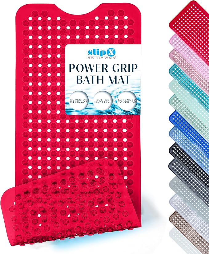 SlipX Solutions Power Grip Bathtub Safety Mat | Precision Grip Technology for Longer, Stronger, & Softer Wet Surface Protection | Clear Red 39"x16"