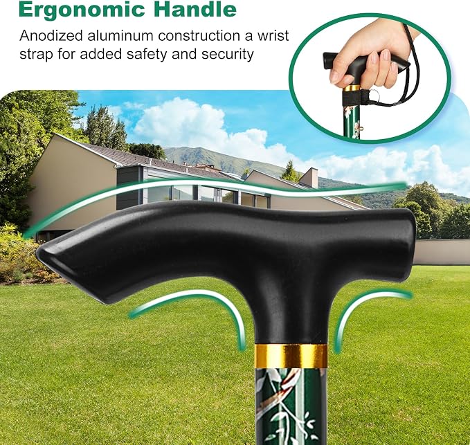 MFE Folding Cane, Portable 5-Level Adjustable Height Walking Stick with Foldable Design, Wrist Strap, and T Handle for Men and Women