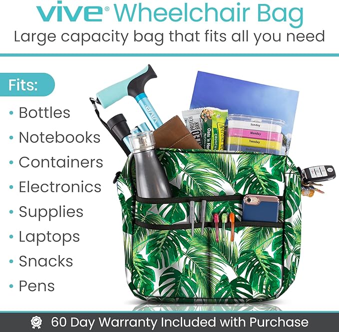 Vive Wheelchair Bag - Machine Washable, Double-Stitched, Water-Resistant Accessory Backpack for Rollators, Wheel Chairs, Walkers - Pouch with XL Pockets & Straps for Quick Installation