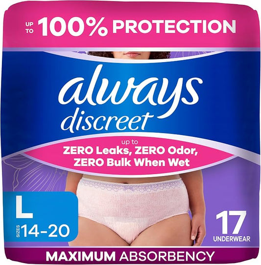 Always Discreet Adult Diapers for Women, Incontinence Underwear, Postpartum Essentials, Disposable Briefs, Max Absorbency, Bladder Leak Protection, Large, 17ct