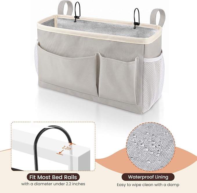 Bedside Caddy for Dorm Bed, Bedside Storage Bag Hanging Organizer | Metal Frame, Water-Resistant Lining, Fits Bed Rails up to 2.2 In, Adjustable Straps, Bunk and Hospital Beds(2 Pack, Light Gre