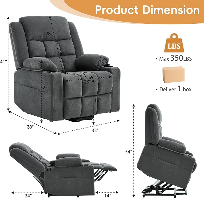 Power Lift Recliner Chair for Elderly Adults with Massage and Heat, Fabric Electric Recliner Sofa with Side Pocket, Two Cup Holders for Living Room L9912 (Dark Grey)