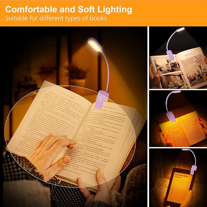 Gritin 16 LED Rechargeable Book Light for Reading in Bed | Eye Caring 3 Color Temperatures, Stepless Dimming Brightness, 80 Hrs Runtime, Lightweight Flexible Clip on Light-Purple