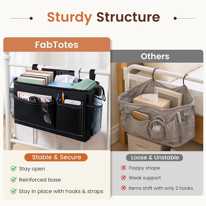 Bedside Caddy for Dorm Bed, Bedside Storage Bag Hanging Organizer | Metal Frame, Water-Resistant Lining, Fits Bed Rails up to 2.2 In, Adjustable Straps, Bunk and Hospital Beds(2 Pack, Black)