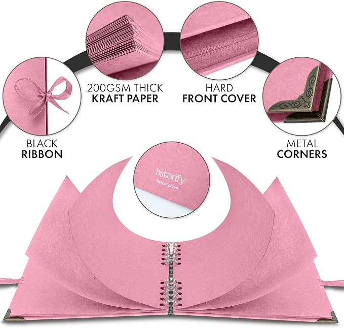 Bstorify Square Scrapbook Photo Albums 7 x 7 Inch Pink Thick Paper, Hardcover, Metal Corners, Ribbon Closure - Ideal for Your Scrapbooking Albums, Art & Craft Projects
