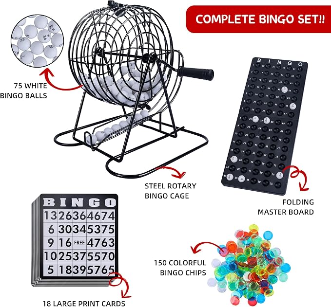 GOTHINK Bingo Game Set for Adults and Kids - Included 8" Metal Wheel Cage, 75 Calling Balls, Master Board, 18 Bingo Cards & 150 Colored Chips, Great for Fun Family Game Night, Large Groups, Parties