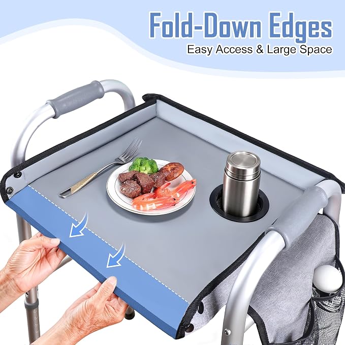 Walker Tray with Two Side Pockets – Universal Seniors Walkers Accessories | Adjustable Side Panels, Waterproof & Easy to Install, With Cup Holder, Cup Holder Keeps Drinks Stable