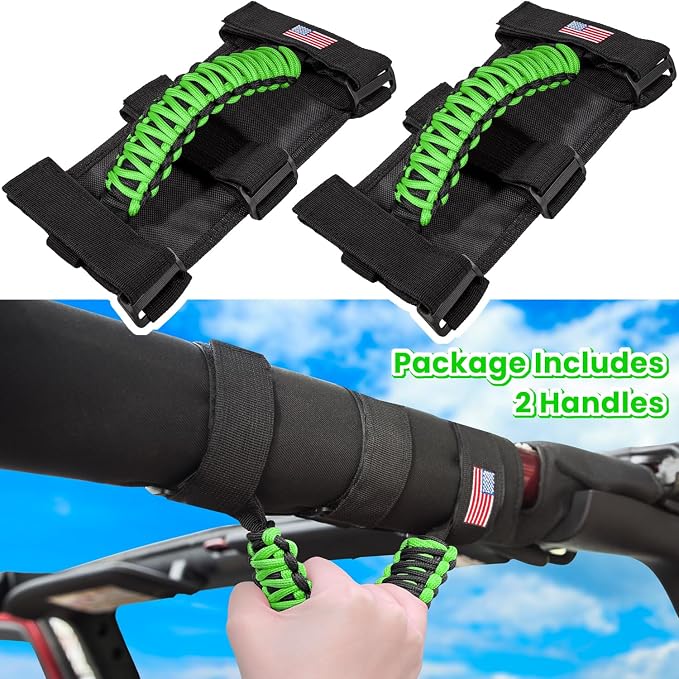 Roll Bar Grab Handles Grip Handle for Jeep Wrangler JK JKU JL JLU TJ YJ Sport Sahara Freedom Rubicon Unlimited Gladiator JT 1955-2023 UTV ATV Accessories Premium Paracord US Flag (Green 2 Pack)