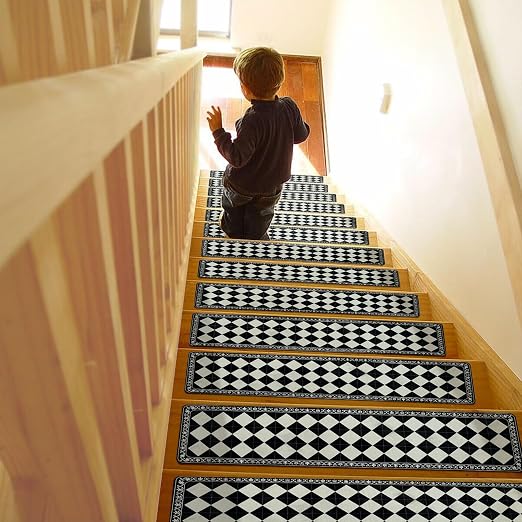 Boho Stair Treads Non Slip - Carpet Stair Treads for Wooden Steps Indoor, Stair Rugs for Kids, Elders and Dog, Stair Runners for Wooden Steps, 15 pcs