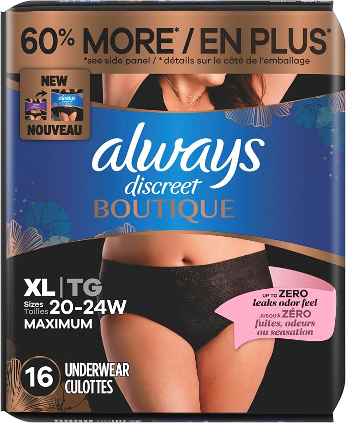Always Discreet Boutique Incontinence and Postpartum Underwear for Women, Maximum Protection, Extra Large, Black, 16 Count (Pack of 4)