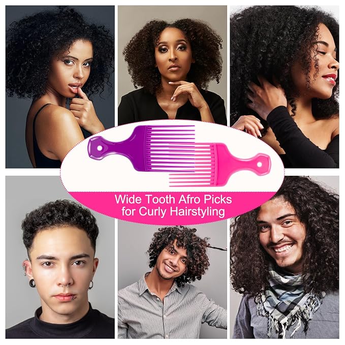 SIMPOR 2 Pcs Hair Pick Comb Wide Tooth Lift for Hair Styling Detangling Plastic Afro Pick for Women Men (Purple, Pink)