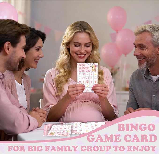Baby Shower Bingo Game Cards Set for Guests Adults, Pink Bear Baby Shower Party Bingo Game Gender Reveal Bingo Game for Family Friends Large Group Activity, Favors Supplies Decorations