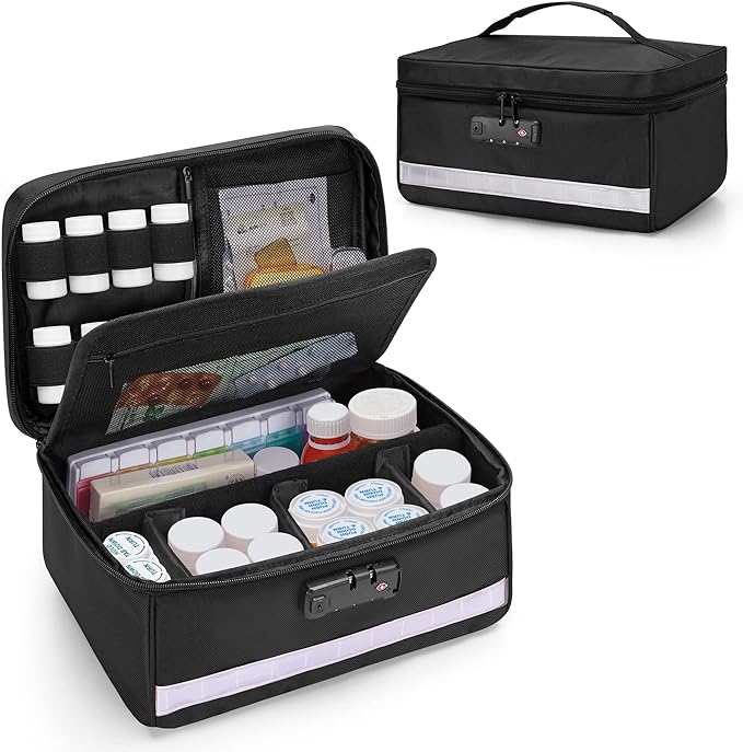 Damero Locking Pill Bottle Organizer with Inner Dividers, Black | Medicine Storage and Organizer Bag Combination Lock, Medicine Lock Bag for Medicine, Vitamins and Medical Supplies