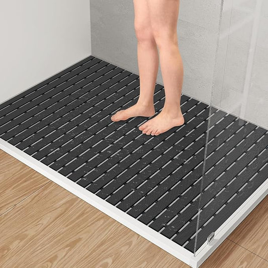 Yolife PVC Large Shower Mat, 35.4 × 24 Inch Non Suction Cup Non Slip Shower Floor Mat, Easy to Cut & Curlable Stand Up Shower Stall Mat, Heavy Duty Bath Shower Mats for Inside Shower