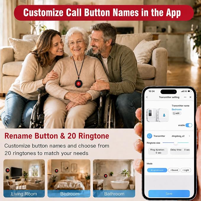 SanJie WiFi Caregiver Pager with Remote App Alerts & Family Sharing, IP55 Water-Resistant Call Button for Elderly at Home, Recovery Care & Night Care, 110dB Loud Alarm & 20 Chimes (Only 2.4GHz Wi-Fi)