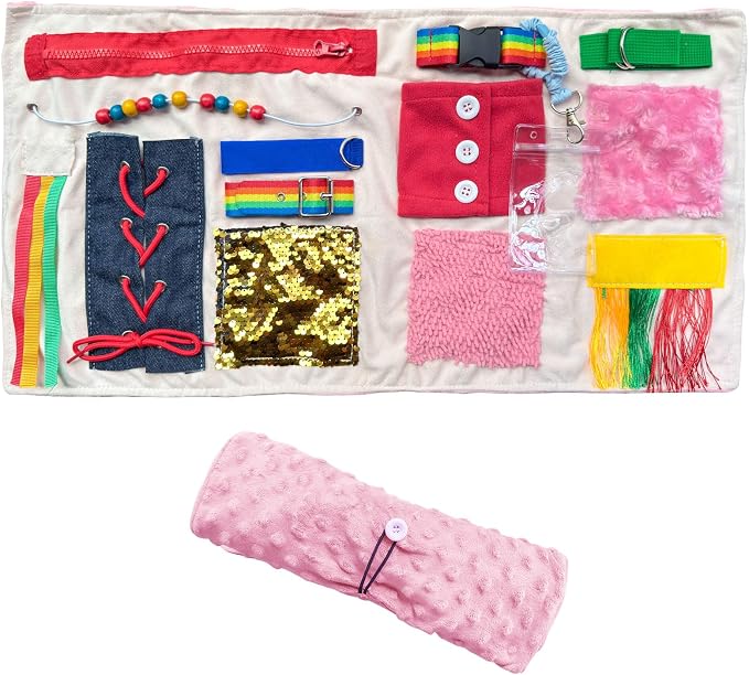 Fidget Blanket for Adults with Dementia, Senior Activity Blanket for Elderly Care, Alzheimer’s Dementia Activity Aid, Tactile Lap Blanket for Seniors, Pink