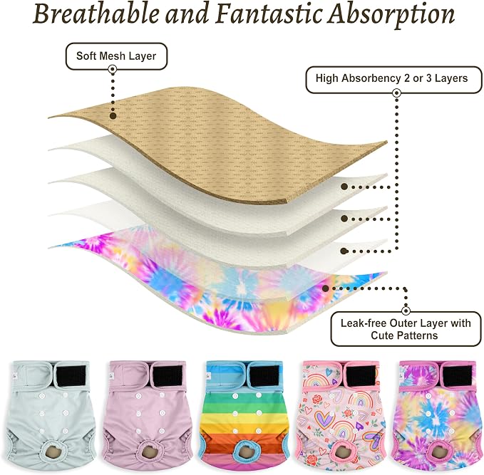 Female Dog Diapers 5Pcs - Premium Reusable Diapers for Doggie in Heat - Highly Absorbent Dog Diapers Female for Pet Incontinence with Adjustable Snaps,Rainbow, M