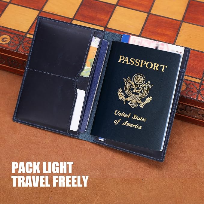 STAR VISTA Albatross Leather Travel Passport Holder, Minimalist Design, Full Grain Leather Case for Women and Men - Slim Passport Wallet, Bifold, RFID Blocking, Navy Blue