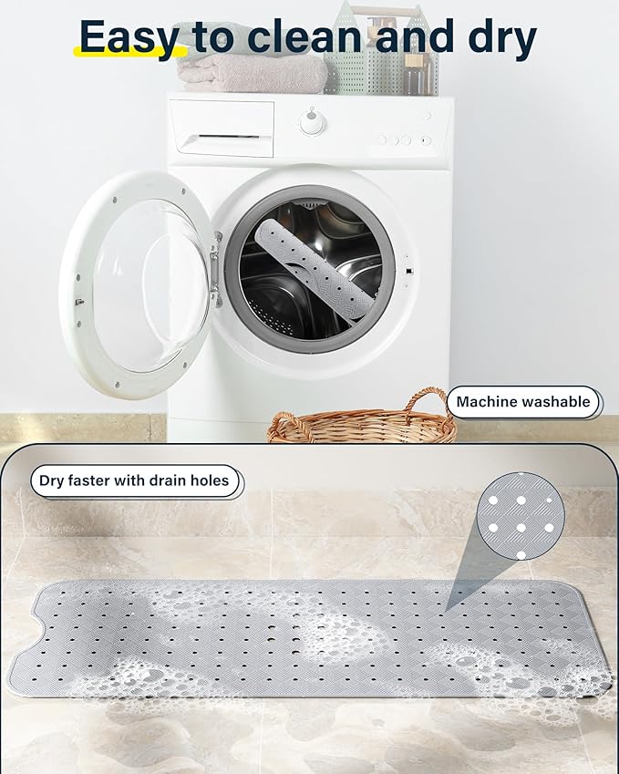 Non Slip Bathtub Mat for Tub & Shower, Machine Washable 40"x16" Anti Slip Bath Mat with 2 Hooks, Soft & Comfortable and Extra Large for Families, Grey