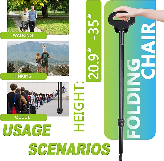 Walking Cane with Seat Folding Lightweight 2-in-1 Portable Walking Stick with Seat for Elderly, Seniors & Handicap, Adjustable, Foldable, Sturdy Tripod Cane Mobility Aid Crutch Chair