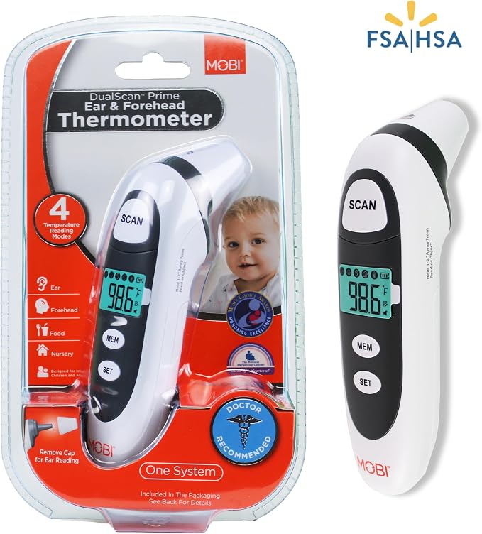 Mobi Dualscan Prime Ear & Forehead Thermometer with Food & Bottle Readings, Ear Thermometer, Forehead Thermometer, Fever Thermometer, Object Thermometer, Baby Food Thermometer, Hsa Eligible/Approved