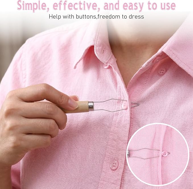 3 Pcs Wooden Button Hook and Zipper Pull with Easy-Grip Handle | Button Helper Wood Button Assist Tool for Shirts,Coats,Dresses,Ideal Button Aids for Arthritis & Limited Dexterity