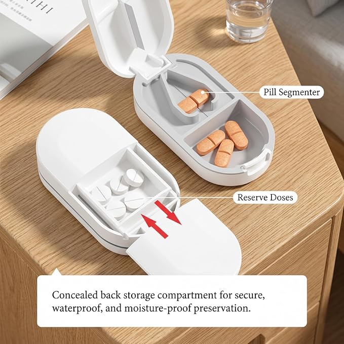Pill Splitter with Stainless Steel Blade, BPA-Free Pill Cutter, V-Shaped Precision Pill Cutting Device, Portable Travel Pill Divider for Cutting 1/2 1/4 1/8 Small Medium Pills