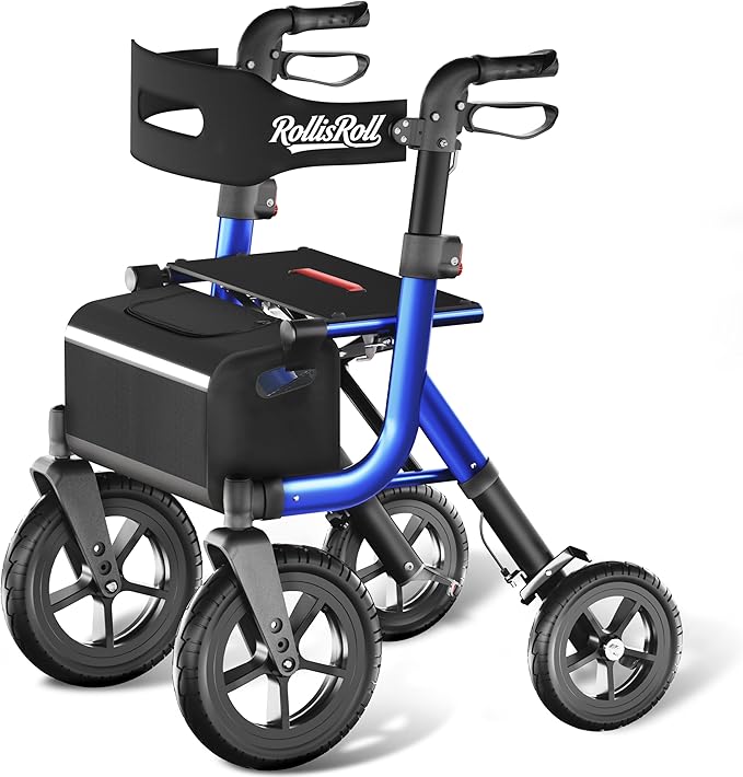 Walkers for Seniors, Rollator Walker with Seat, 12" Big Rubber Wheels All Terrain Rolling Walker with Backrest, Foldable Rollator Walker, Reinforced Aluminum Frame, Built-in Cable, Blue