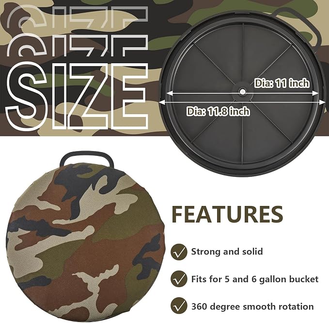 Lewtemi 2 Pcs 5 Gallon Bucket Seats 360 Degree Swivel Bucket Seat Lid Green Camo Padded Cushion Waterproof Cover for Dove Duck Hunting Fishing Baseball Softball Gardening Camping Outdoor Gear