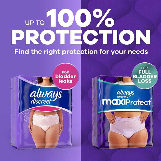 Always Discreet MaxiProtect Adult Diapers for Women, Incontinence Underwear, Scented, Postpartum Essentials, Bladder Leak Protection, Disposable Briefs, Maximum Plus Absorbency, Size XL/XXL, 56 Count