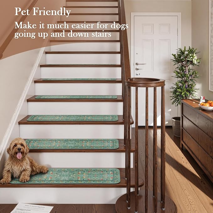 OJIA Non-Slip Stair Runner for Wooden Steps 15PC 30"x8" Carpet Stair Treads | Indoor Floral Stair Treads Carpet Stair Mats Staircase Step Treads for Kids, Elders and Dogs, Stair Covers, Green