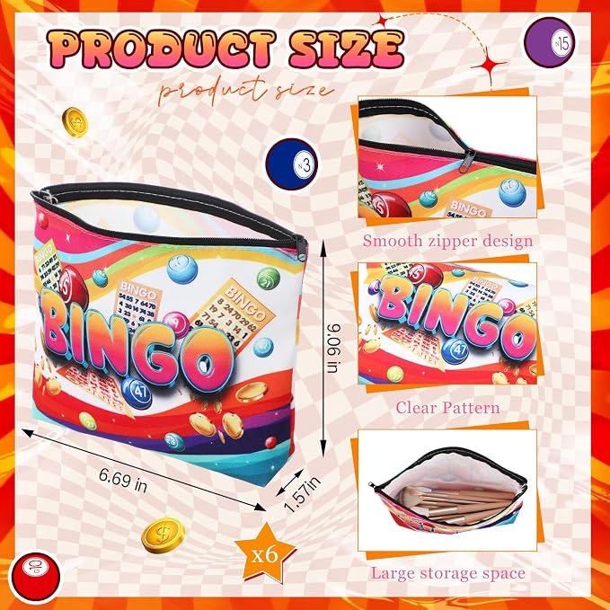 12 Pcs Bingo Gifts Makeup Bags Bingo Game Lover Gifts Travel Zipper Pouch for Seniors Mom Grandma Women Players