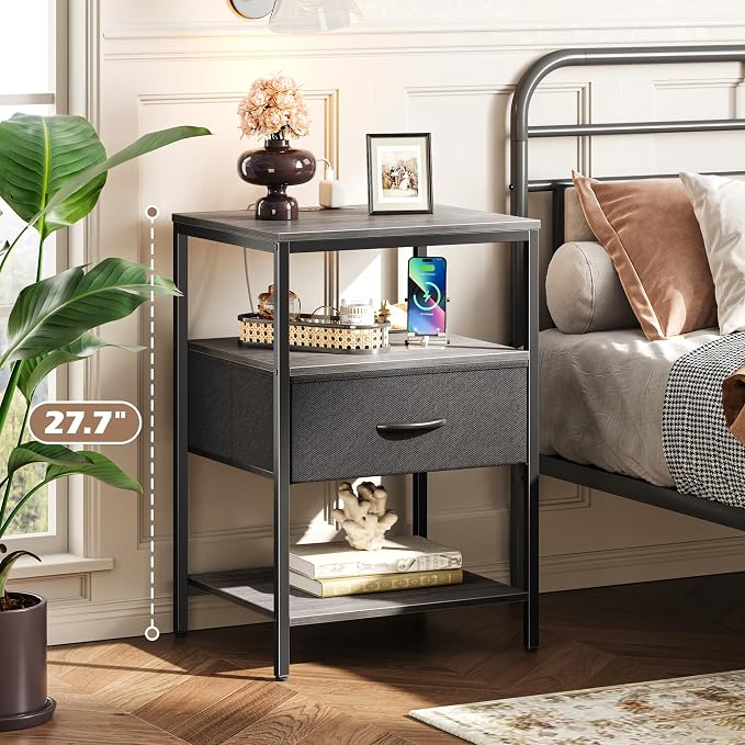 SUPERJARE Nightstand with Charging Station, USB-C Port, Bedside Table | 27.7 Inch Tall Nightstand with Adjustable Fabric Drawer, Large Dresser for Bedroom, Living Room, Gray & Black