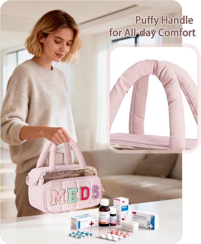 Fasrom Chenille Letter Medicine Bag, Pill Bottle Organizer for Travel Meds | Preppy Patch Design, Puffy Handle, Portable Storage for Medical Supplies & Toiletries, Makeup Case for Women