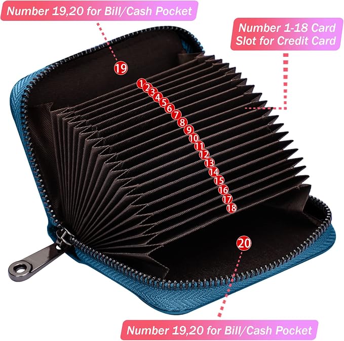 Linno RFID 20 Slots Credit Card Holder Genuine Leather Small Wallet for Women or Men with Zipper