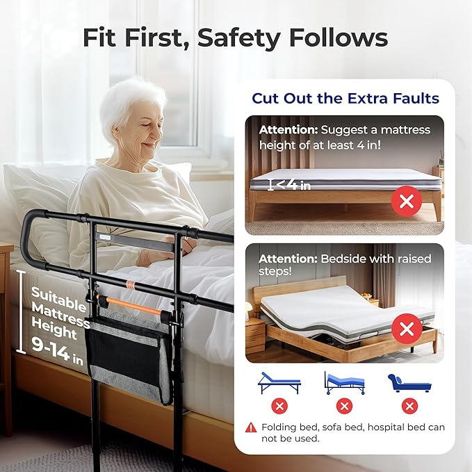 C5 Pro Bed Rails for Elderly Adults Safety - Foldable Bed Assist Rail with Adjustable Height, Bed Cane with Non-Slip Wider Handrail, Motion Sensor Light Fits King Queen Twin Beds