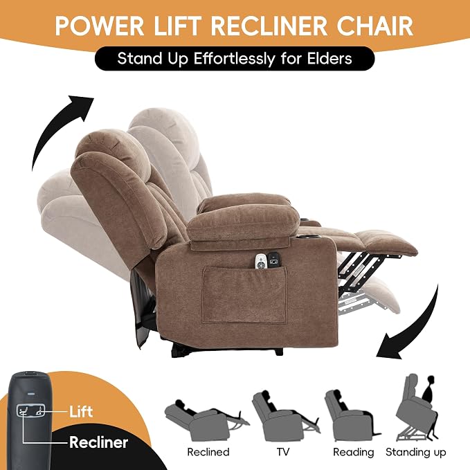 Power Lift Recliner for Elderly,Electric Recliner Chair with Massage & Heating for Adults, USB Charging, Cup Holders, Side Pocket, Living Room Sofa L1288 (Brown)