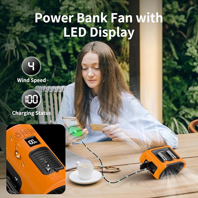 Socool 14500mAh Portable Waist Fan Clip on Wearable Belt Rechargeable Personal Fan, Dual Air Outlet, 40Hrs Cooling 5-Speed Battery Operated Fans with Light, Neck Fan Hanging for Outdoor Camping Travel