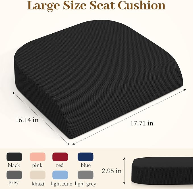 TranquilRelax Memory Foam Seat Cushion for Office Chair, 3-Inch, Black | Medium-firm Support for Long Sitting, Washable Mesh Cover, Non-slip Base, Perfect for Car Seats & Short Drivers