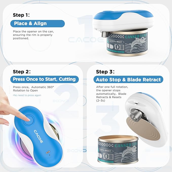 CACOE Automatic Smart Electric Can Opener with Auto Stop & USB-C Charging | Cordless Can Opener for Elderly and Arthritic Users for Seniors & Arthritis, Effortless One-Touch Open (blue)