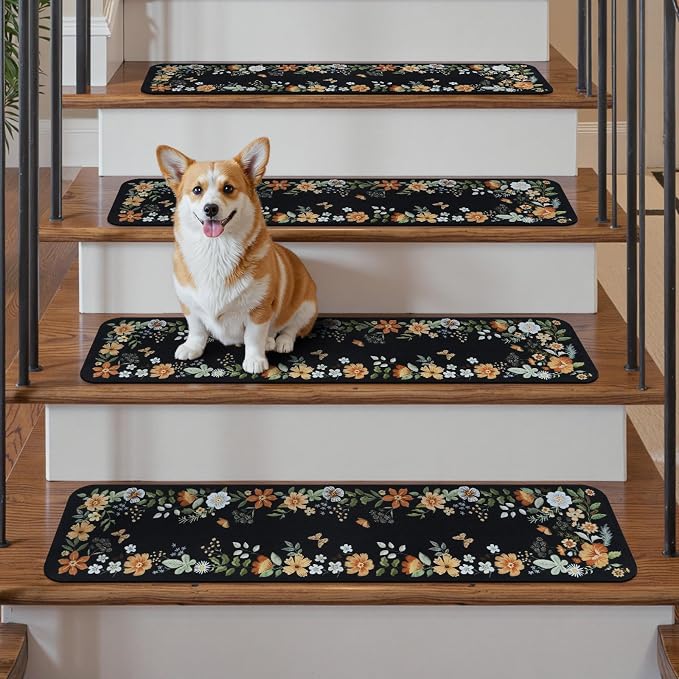 OJIA Stair Treads Non-Slip Carpet Stair Treads for Wooden Steps Indoor | 15PCS 30"x8" Floral Stair Runner Stair Mats Staircase Step Treads for Kids, Elders and Dogs, Stair Covers, Black