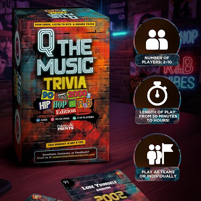 Q The Music Hip Hop & R&B Edition 90s & 2000s – Music Lyric Party Trivia Quiz Card Game for Adult and Family Game Nights, 2-10 Players, Scan, Listen to Hits, & Answer Trivia – Adult Games for Parties