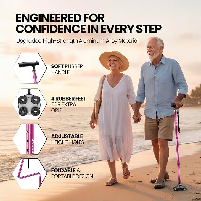 Allay Walking Canes for Men & Women - Adjustable Canes for Women for Stability, Self Standing Wide Quad Pivot Base, Light Weight, Soft Handle Grip and Travel Bag, Walking Sticks for Seniors
