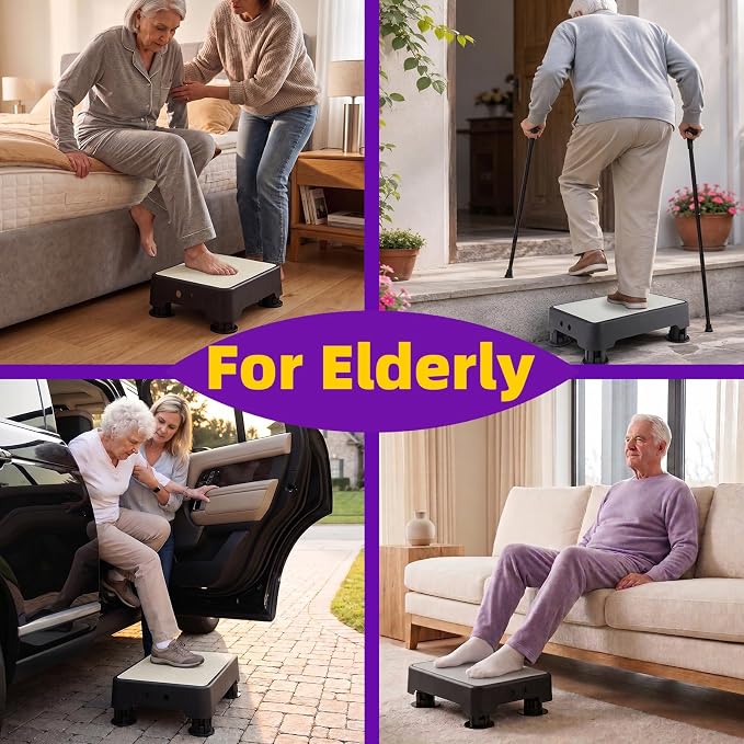 Adjustable Step Stool, 700 LBS Capacity Safety Bed Step for Seniors, Exercise Setp Platform, Portable Stair Assist for Elderly, Wide Step up for Kitchen, Car, Bedside & Shower, White