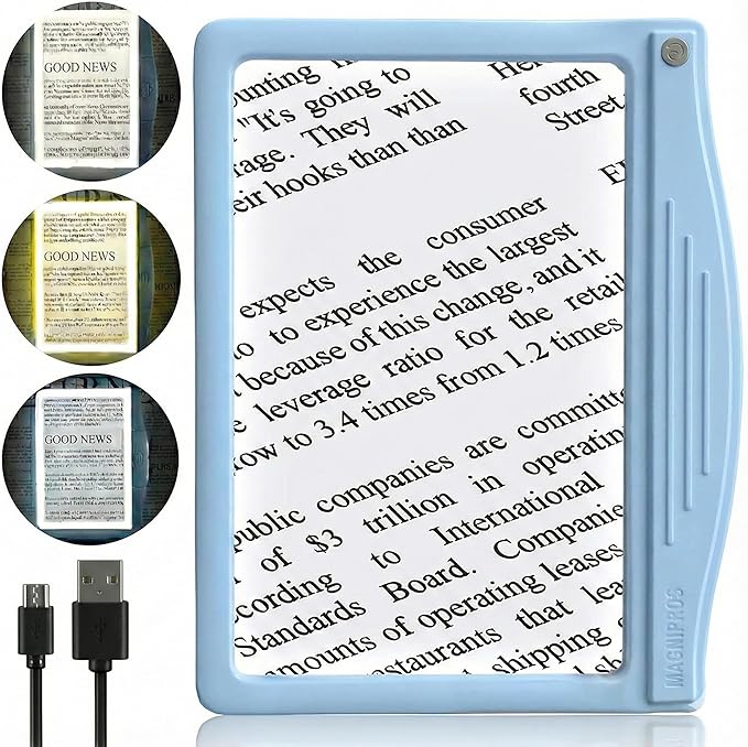 MagniPros 5X Rechargeable Large Ultra Bright LED Page Magnifier with Anti-Glare Lens & 3 Color Light Modes, Relieve Eye Strain- Ideal for Reading Small Prints, Low Vision, Seniors