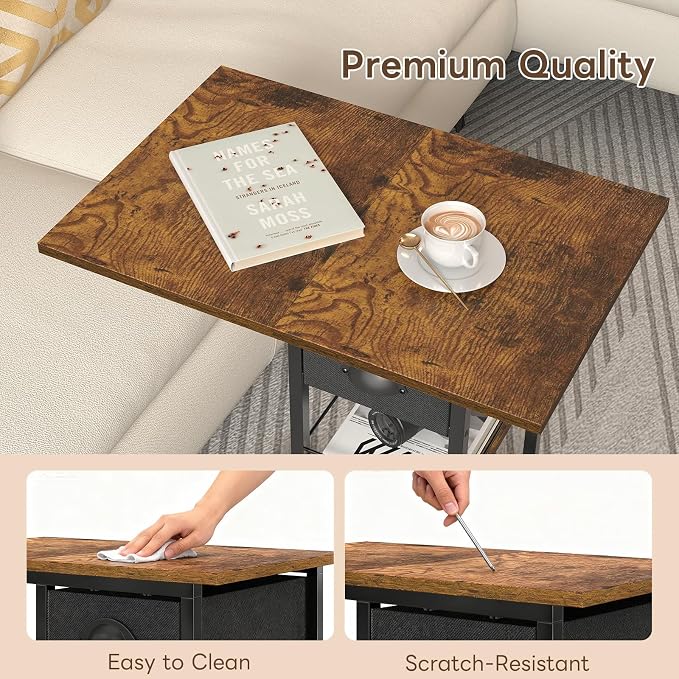 Large C Shaped End Table, Tray Table with Wheels, Drawer and Storage Basket | Large 23.6 x 15.7-Inch Top: 360°wheel rotation, 3-Tier storage with drawer and wheels or adjustable feet.