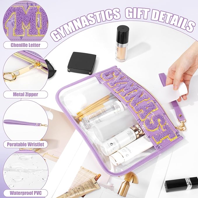 BuyCard Gymnastics Gifts Cosmetic Makeup Bag with Chenille Letter Patch, Clear Pouch PVC Organizer Purse, Waterproof Travel Bag, Portable Toiletry Storage Bag for Her Girls Friends Women
