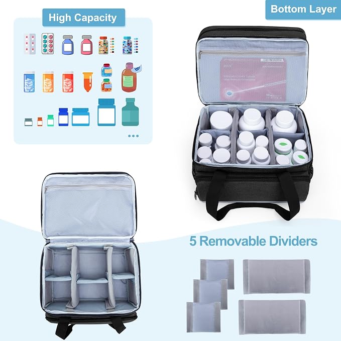 CURMIO Double Layers Pill Bottle Organizer, Medicine Storage Case, Black | Emergency Medical Supplies for Home Care, for First Aid Kits, Multifunctional Bag, Home Storage, Dormitory, Travel, Empty Bag