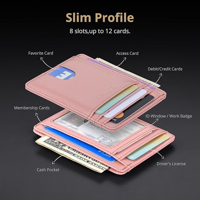 Buffway Slim Minimalist Front Pocket RFID Blocking Leather Wallets for Men and Women - Lichee Pink