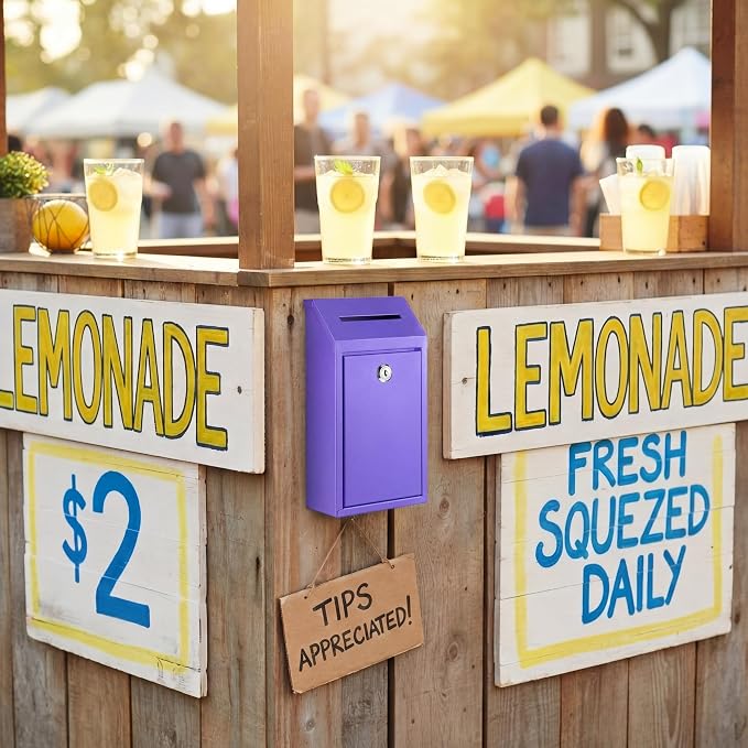 Yaocom Metal Money Box,Purple,10.24 x 5.71 x 2.95 Inch,No Lid | Wall Mounted Drop Donation Cash Box for Farm Stand Collection Safe Suggestion Box with Lock Container for Home Office Outdoor